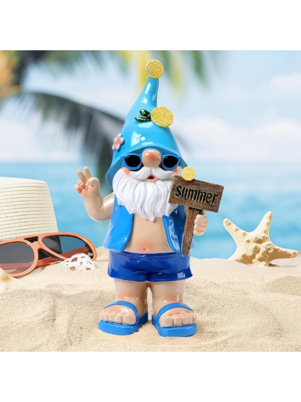 Funny Blue Gnome Statue for Garden Decor - Outdoor Summer Beach Theme Figurine